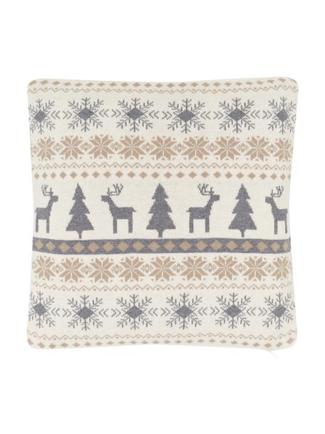 Federa arredo a maglia con motivo natalizio David, 100% cotone, Crema, grigio, beige, Larg. 40 x Lung. 40 cm