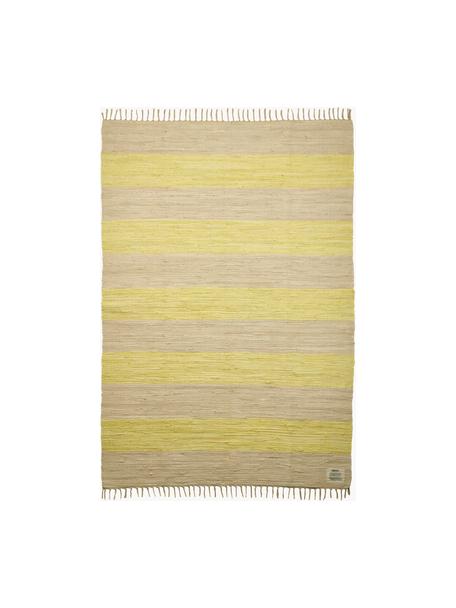 Tappeto in cotone tessuto a mano con frange Chindi, 100% cotone, Giallo chiaro, beige chiaro, Larg. 140 x Lung. 200 cm (taglia S)