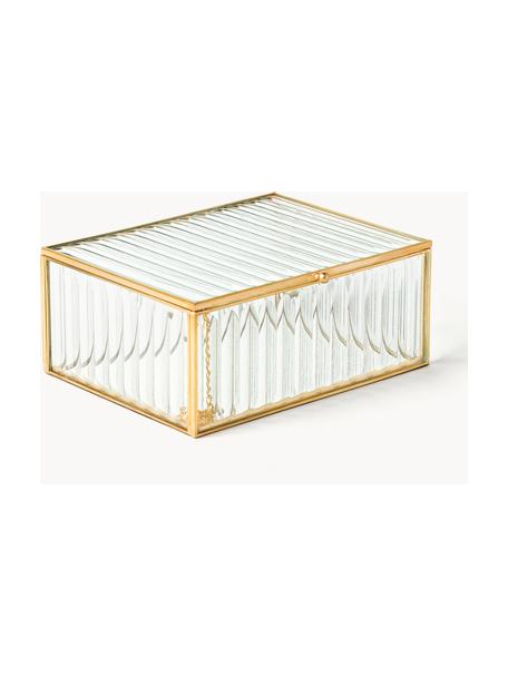 Aufbewahrungsbox Laurena mit Rillenrelief aus Glas, Rahmen: Metall, beschichtet, Transparent, Goldfarben, B 16 x H 7 cm