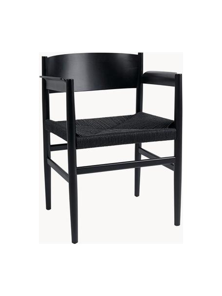 Chaise à accoudoirs artisanale avec assise tressée Nestor, Noir, larg. 56 x prof. 53 cm