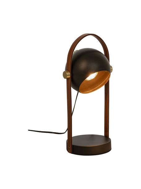 Tafellamp Bow met leren decoratie, Lampenkap: gecoat metaal, Lampvoet: gecoat metaal, Bruin, zwart, 15 x 38 cm