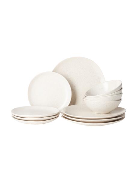 Service de table artisanal Nordic Vanilla, 4 personnes (12 élém.), Grès cérame, Blanc crème, moucheté, Lot de différentes tailles