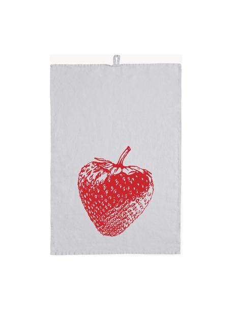 Panno in lino Strawberry, serigrafato a mano, 100% lino, Grigio chiaro, rosso, Larg. 50 x Lung. 70 cm