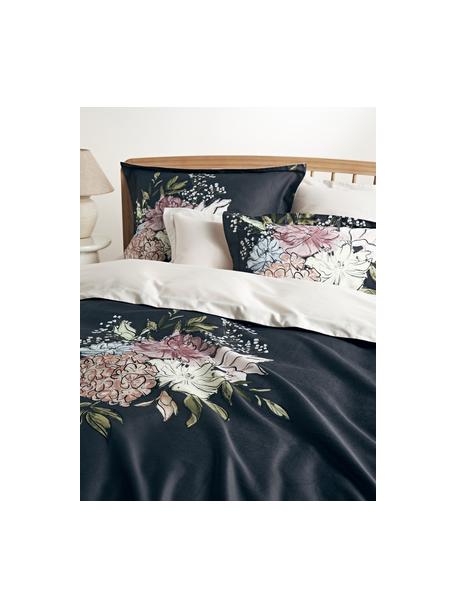 Baumwoll-Bettdeckenbezug Margot mit Blumen-Print in Dunkelblau, Webart: Perkal Fadendichte 210 TC, Dunkelblau/Beige, B 135 x L 200 cm