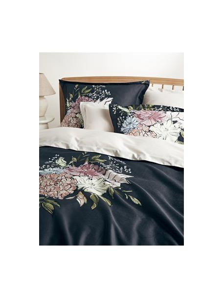 Baumwollsatin-Bettdeckenbezug Margot mit Blumen-Print, Webart: Satin Fadendichte 210 TC,, Dunkelblau, Hellbeige, B 135 x L 200 cm