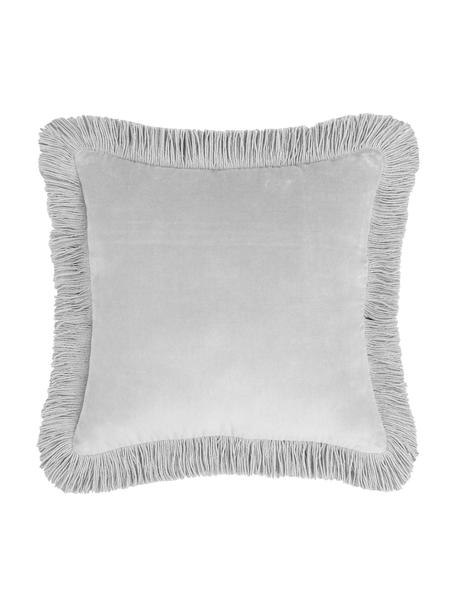 Funda de cojín de terciopelo con flecos Phoeby, 100% algodón, Gris claro, An 40 x L 40 cm