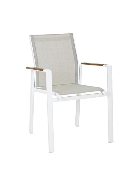 Stapelbare tuinarmstoel Elias, Frame: gepoedercoat aluminium, Zitvlak: Textilene, Wit, greige, hout, B 57 x D 62 cm