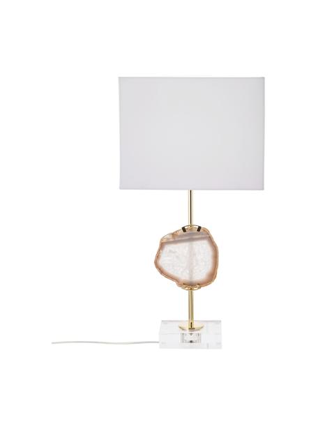 Lampada da tavolo grande con decorazione glam Treasure, Paralume: miscela di cotone, Base della lampada: acrilico metallo, Trasparente, dorato, agata beige Paralume: bianco, Larg. 33 x Alt. 62 cm