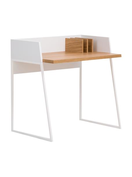 Klein bureau Camille met plank, Poten: gelakt metaal, Eikenhoutkleurig, wit, B 90 x D 60 cm