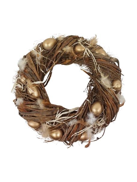 Corona decorativa Osterfest, Ø 35 cm, Estructura: ratán, Tonos marrones, blanco, dorado, Ø 35 x Al 9 cm