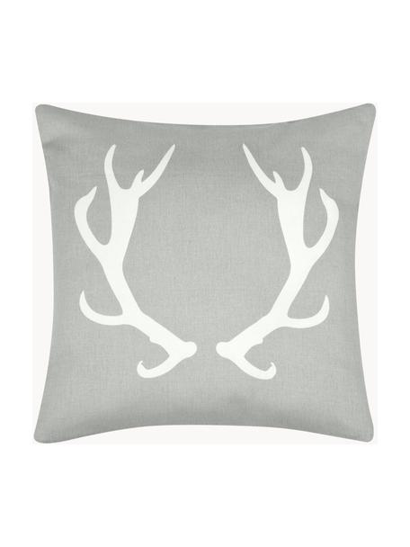 Kissenhülle Horns mit Geweih, Baumwolle, Panamabindung, Hellgrau, Weiß, B 40 x L 40 cm