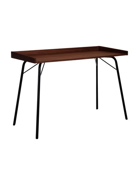 Schreibtisch Rayburn mit Walnussholzfurnier, Tischplatte: Mitteldichte Holzfaserpla, Gestell: Metall, pulverbeschichtet, Dunkles Holz, Schwarz, B 115 x T 52 cm