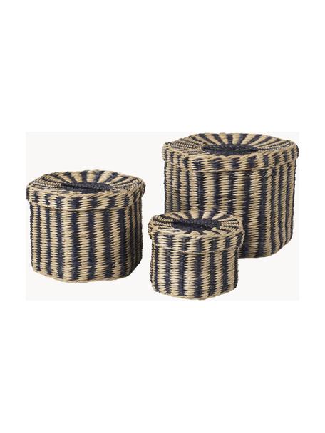 Boîtes de rangement artisanales en algues tressées Polly, 3 élém., Algues, Beige, noir, Lot de différentes tailles