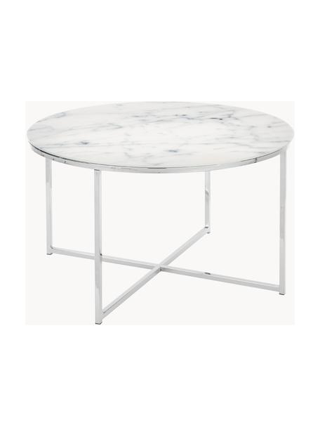 Mesa de centro Antigua, tablero de vidrio en aspecto mármol, Tablero: vidrio estampado con aspe, Estructura: metal cromado, Aspecto mármol blanco, cromo, Ø 80 cm