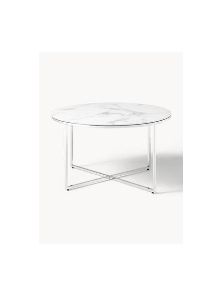 Tavolino rotondo da salotto con piano in vetro effetto marmo Antigua, Struttura: metallo cromato, Bianco effetto marmo. cromato, Ø 80 cm