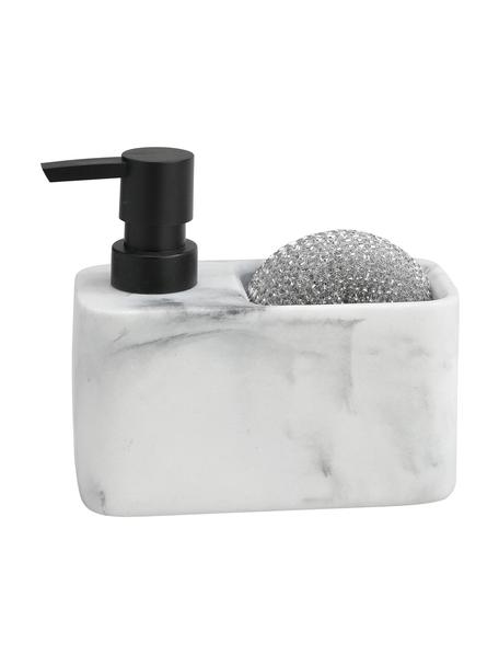 Distributeur de savon aspect marbre avec éponge Galia, 2 élém., Blanc, marbré, couleur argentée, larg. 15 x haut. 14 cm