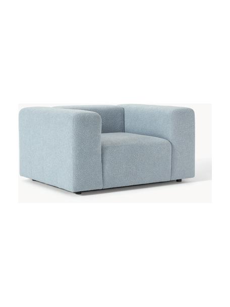 Fotel bouclé Lena, Tapicerka: bouclé (93% poliester, 6%, Stelaż: drewno sosnowe, sklejka, , Nogi: tworzywo sztuczne, Jasnoniebieski bouclé, S 134 x G 106 cm