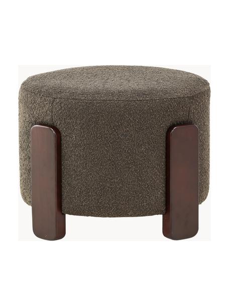 Pouf en tissu bouclé Coffey, En tissu bouclé vert olive, bois d'hévéa brun foncé laqué, Ø 53 x haut. 40 cm