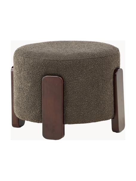 Bouclé poef Coffey met houten poten, Bekleding: bouclé (100% polyester), Poten: rubberhout, Bouclé olijfgroen, rubberhout donkerbruin gelakt, Ø 53 x H 40 cm