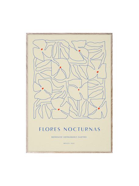 Poster Flores Nocturnas 01, Cartoncino opaco da 210 g firmato Hahnemühle, stampa digitale con 10 colori resistenti ai raggi UV, Beige, blu, Larg. 30 x Alt. 40 cm