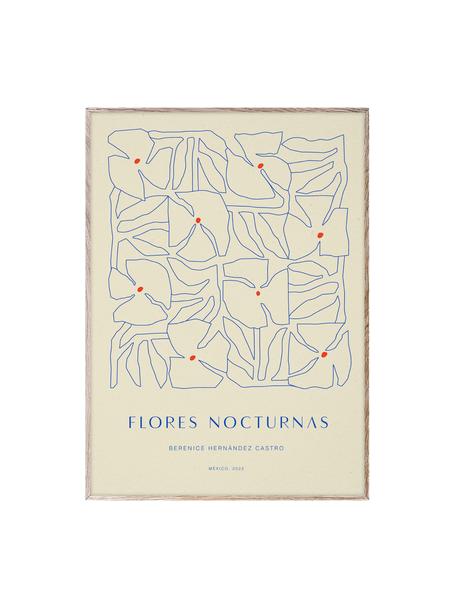 Poster con cornice Flores Nocturnas 01, Cartoncino opaco da 210 g firmato Hahnemühle, stampa digitale con 10 colori resistenti ai raggi UV, Beige, blu, Larg. 30 x Alt. 40 cm