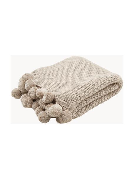 Gebreide plaid Molly met pompoms, 100% katoen, Lichtbeige, B 130 x L 170 cm