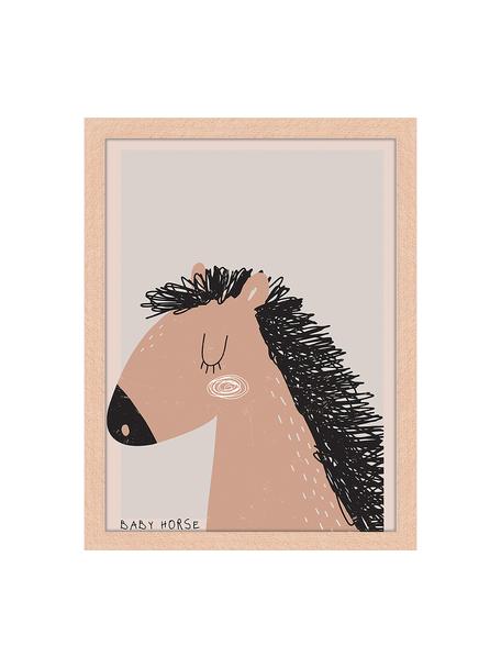 Oprawiony druk cyfrowy Baby Horse, Jasne drewno naturalne, jasny szary, nugatowy, S 33 x W 43 cm