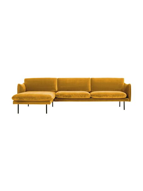 Canapé d'angle en velours pieds en métal Moby, Velours jaune moutarde, larg. 280 x prof. 160 cm, méridienne à gauche
