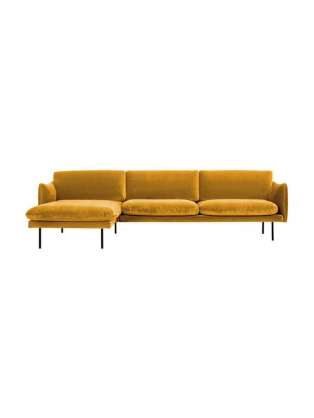 Fluwelen hoekbank Moby met metalen poten, Bekleding: fluweel (hoogwaardig poly, Frame: massief grenenhout, FSC-g, Poten: gepoedercoat metaal, Fluweel mosterdgeel, B 280 x D 160 cm, hoekdeel links