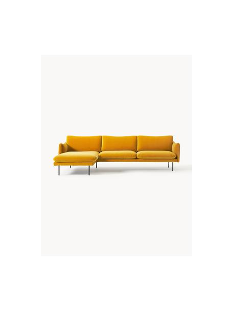 Sofa narożna z aksamitu Moby, Tapicerka: aksamit (wysokiej jakości, Stelaż: lite drewno sosnowe, Nogi: metal malowany proszkowo , Musztardowy aksamit, S 280 x G 160 cm, lewostronna