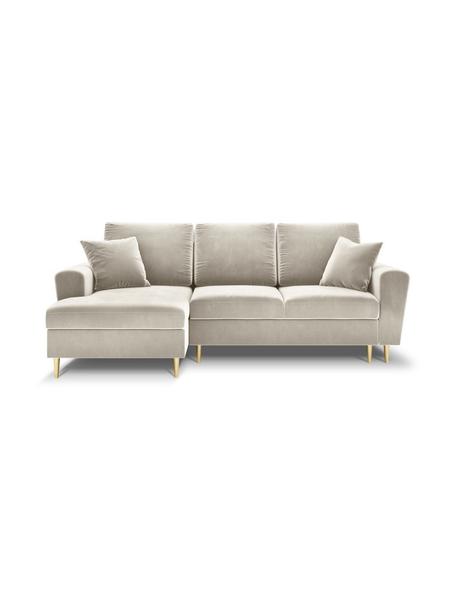 Canapé d'angle 3 places en velours avec fonction lit et rangement Moghan, Velours beige, couleur laitonnée, larg. 241 x prof. 145 cm, méridienne à gauche