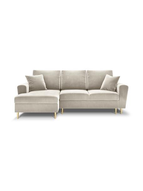 Canapé d'angle 4 places velours avec fonction lit et rangement Moghan, Velours beige, couleur laitonnée, larg. 241 x prof. 145 cm, méridienne à gauche