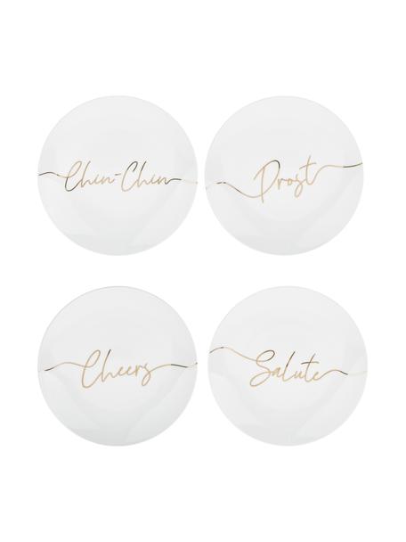 Plato postre de porcelana Cheers, 4 uds., Porcelana, Blanco, latón brillante, Ø 21 cm