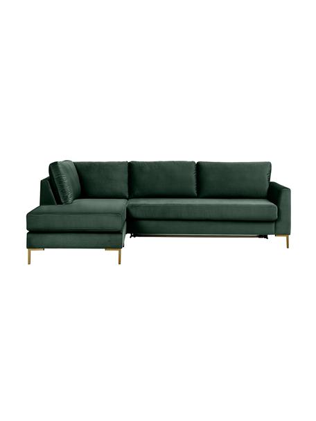 Divano letto in velluto Luna, Rivestimento: 100% poliestere, certific, Struttura: legno di faggio massiccio, Piedini: metallo galvanizzato, Velluto verde scuro, Larg. 270 x Prof. 184 cm, chaise-longue a sinistra
