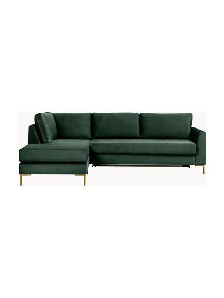 Divano letto 3 posti in velluto con materasso Luna, Rivestimento: 100% poliestere Il rivest, Struttura: legno massiccio di faggio, Velluto verde scuro, Larg. 270 x Prof. 184 cm, chaise-longue a sinistra