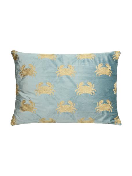 Haftowana poduszka z aksamitu z wypełnieniem Crab, 100% aksamit, Niebieski, odcienie złotego, S 40 x D 55 cm