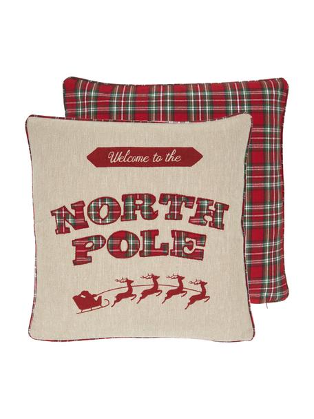 Dwustronna poszewka na poduszkę z haftem North Pole, 100% bawełna, Beżowy, czerwony, S 45 x D 45 cm