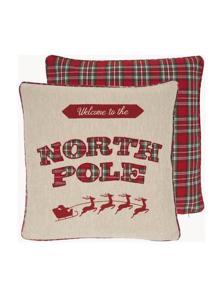 Geborduurde dubbelzijdige kussenhoes North Pole met borduurwerk, 100% katoen, Beige, rood, B 45 x L 45 cm