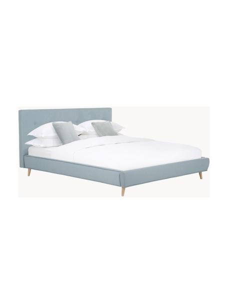 Letto imbottito con piedini in legno Moon, Rivestimento: poliestere (tessuto testu, Piedini: legno massiccio di querci, Tessuto grigio blu, Larg. 140 x Lung. 200 cm