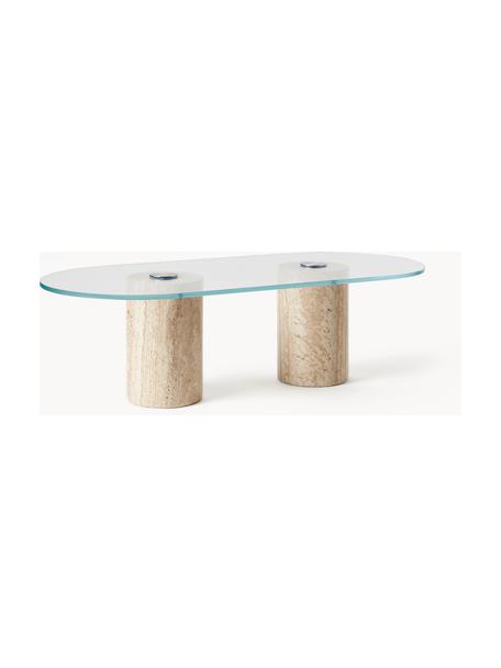 Grote ovale salontafel Jonah, Tafelblad: glas, Poten: travertijn, Transparant, beige travertijn, B 110 x D 50 cm