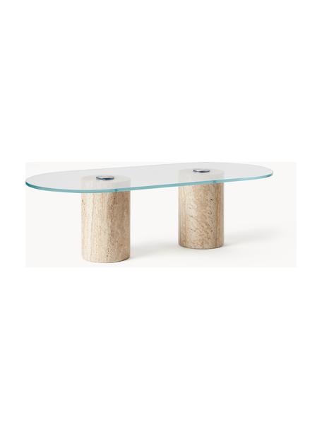 Oválný konferenční stolek s travertinovými nohami Jonah, Transparentní, béžový travertin, Š 110 cm, H 50 cm