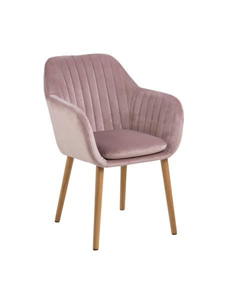 Sametová židle s područkami a dřevěnými nohami Emilia, Růžová, dubové dřevo, Š 57 cm, H 59 cm