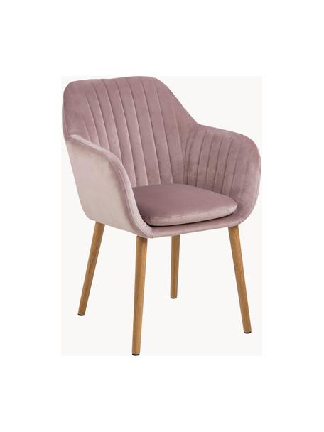 Silla de terciopelo con reposabrazos Emilia, Tapizado: terciopelo de poliéster A, Patas: madera de roble aceitado, Terciopelo rosa palo, madera de roble, An 57 x F 59 cm