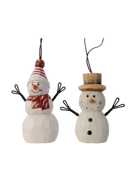 Kerstboomhanger Snowman, 2-delig, Lindenhout, Wit, beige, rood, zwart, Set met verschillende formaten