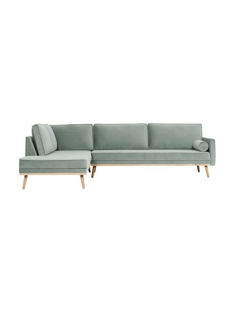 Sofa narożna z aksamitu z nogami z drewna dębowego Saint (4-osobowa), Tapicerka: aksamit (poliester) Dzięk, Szałwiowy zielony, S 294 x G 220 cm