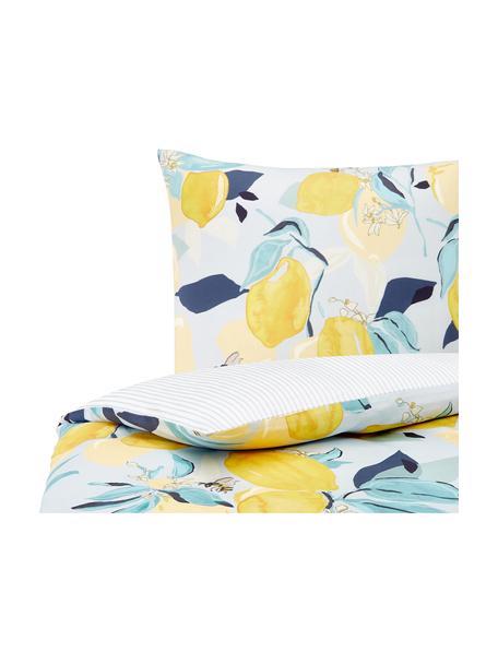 Parure de lit en satin de coton réversible Garda, Blanc, jaune, bleu, larg. 155 x long. 220 cm + 1 taie d'oreiller 80 x 80 cm