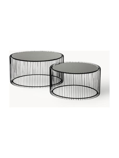 Set de mesas de centro Wire, 2 uds., tablero de vidrio, Estructura: acero con pintura en polv, Tablero: vidrio laminado, Negro, cristal espejado tintado en negro, Set de diferentes tamaños