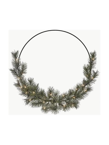 Couronne de Noël LED avec fonction minuterie, à piles Giant, Plastique, métal, enduit, Vert foncé, Ø 24 x haut. 8 cm