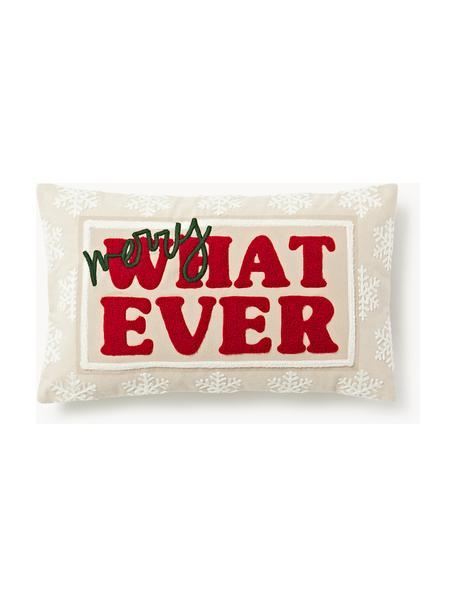 Housse de coussin avec slogan brodé Whatever, Rouge, beige clair, larg. 30 x long. 50 cm