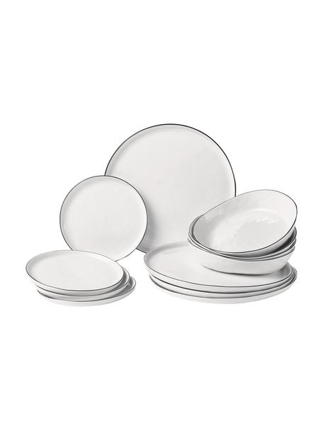 Service de table porcelaine fait main Salt, 4 personnes (12 élém.), Porcelaine, Blanc cassé, noir, Lot de différentes tailles